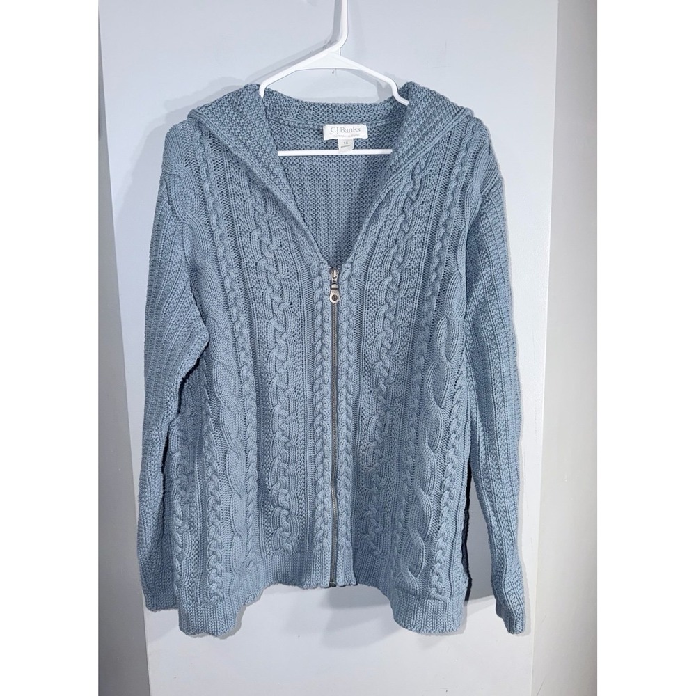 CJ Banks Blue Cable Knit Full Zip draped neck Sweater plus 1X